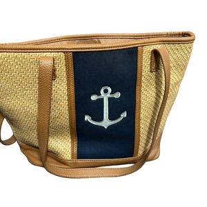 thirty-one Navy and Tan Anchor Straw Tote